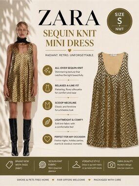 ZARA Gold Sequin Knit Mini Dress Size S NWT Sleeveless A-Line Party Dress